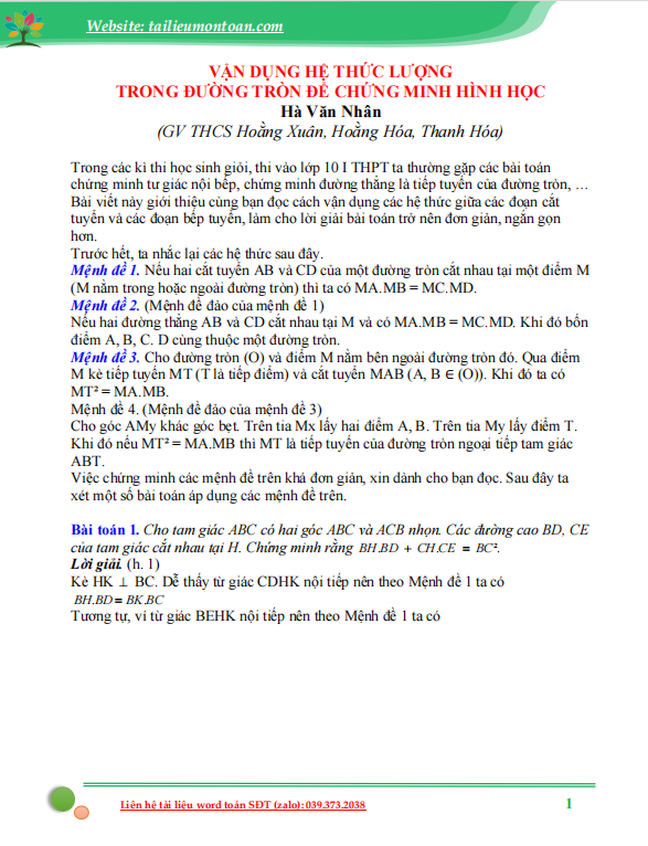 Vận dụng hệ thức lượng trong đường tròn để chứng minh hình học